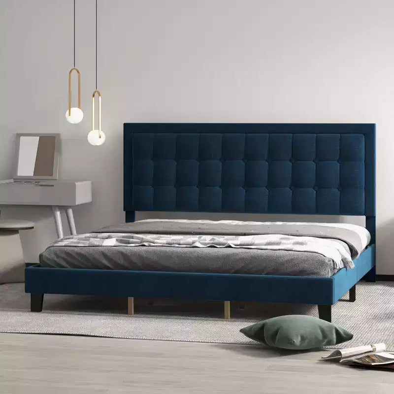 Platform Bed with Noise Free Design and Wooden Slats and Velvet Upholstered Bed Frame with Button Tufted Headboard
