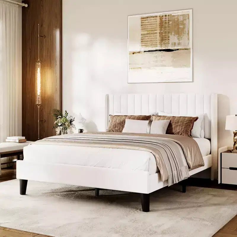 Bed Frame with Wooden Slats Support, Upholstered Platform Bed with Wingback Headboard, Noise FreeNo Box Spring Needed