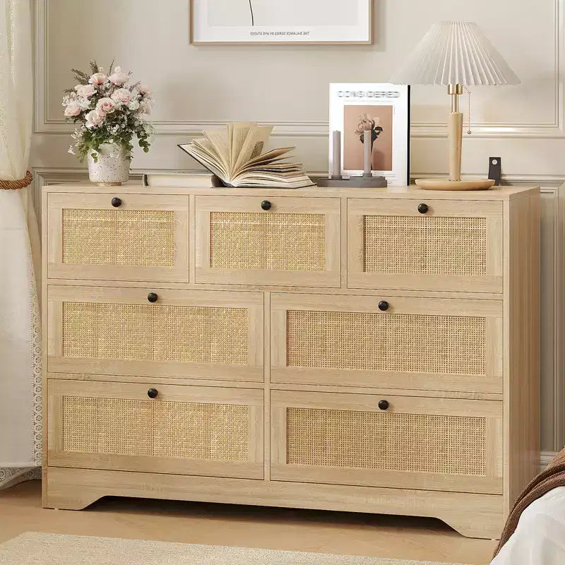 7 Drawer Wooden Dresser for Bedroom, Farmhouse Modern Dressers & Chests of Drawers, for Closet, Living Room, Entryway, Hallway