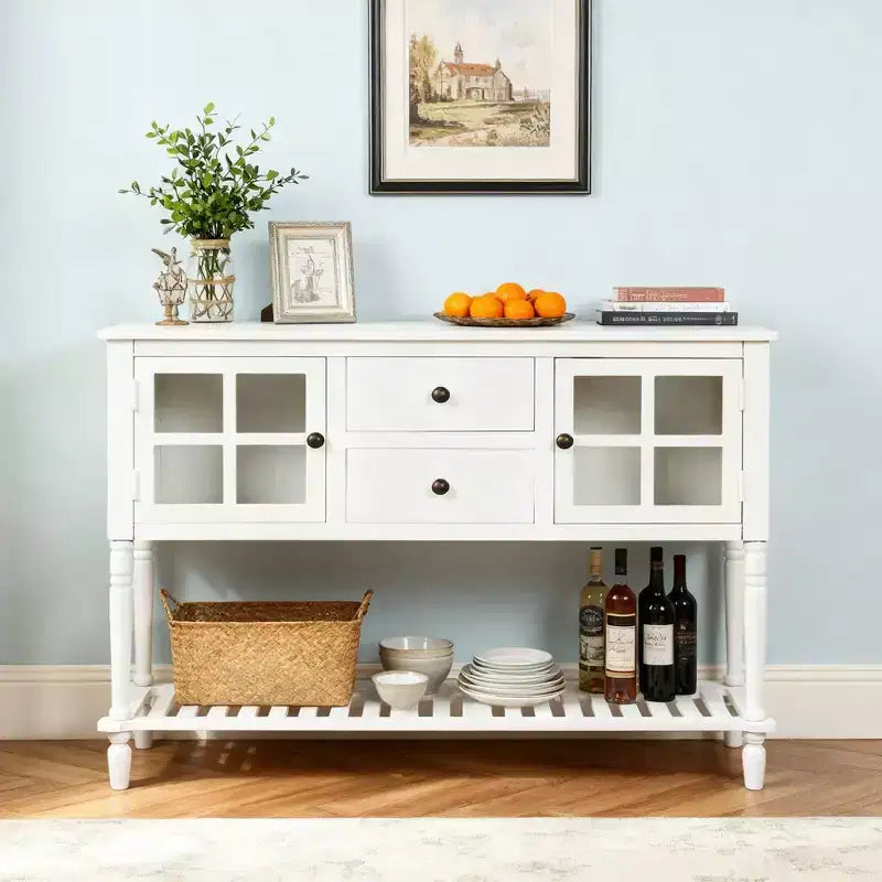 Hostack Farmhouse Console Table with Bottom Shelf and Storage Cabinet for Living Room, White