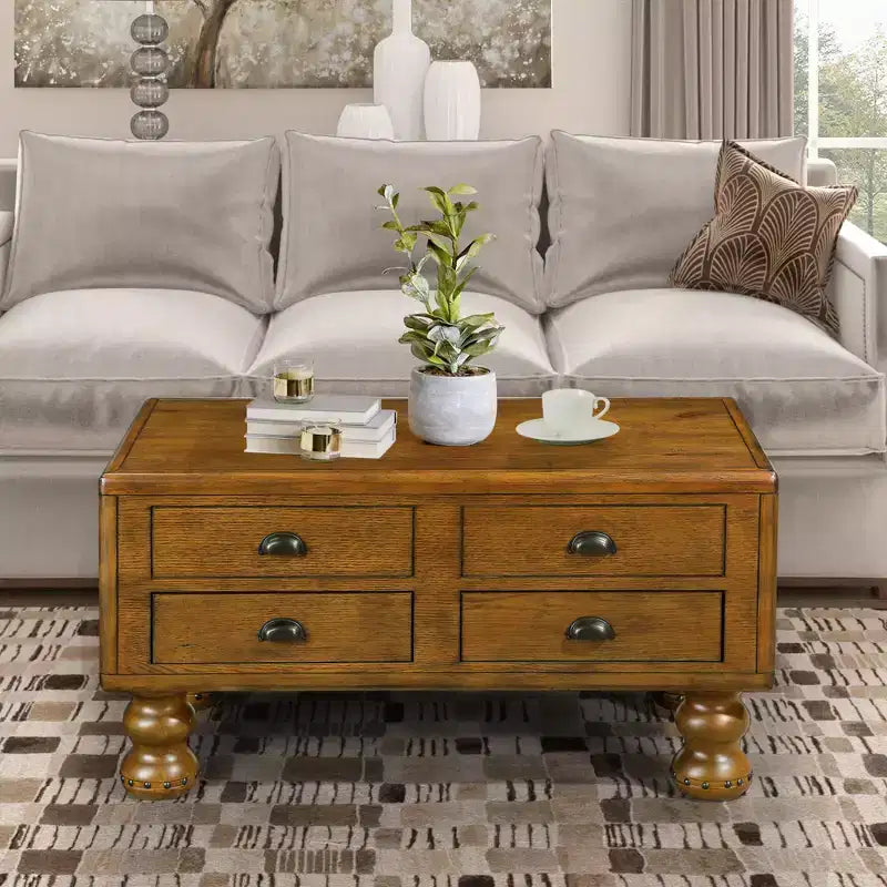 GDFStudio Snyder Vintage Solid Wood Coffee Table with 4 Drawers