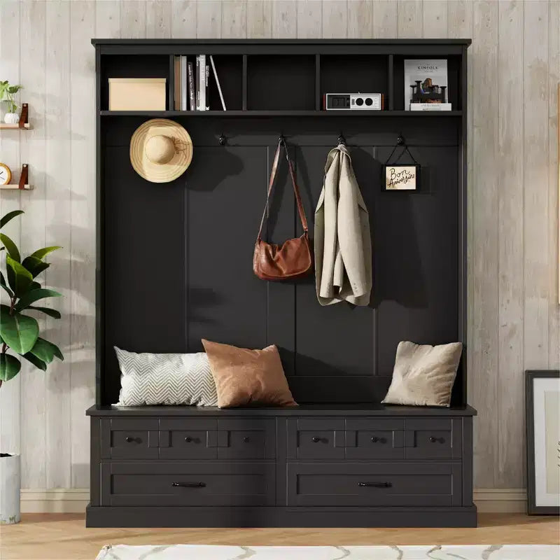 CLIHOME Wide Hall Tree with 5 Hooks, Versatile Entryway Lift Top Storage Bench with 2 Drawers, Retro Wooden 3-in-1 Coat Rack