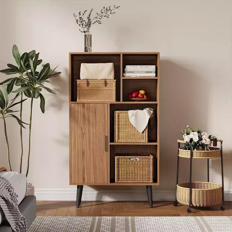 Acekool 4-Tier Walnut Bookcase, 5 Cube Storage Shelf Organizer with Legs, Retro Wood Bookshelf for Living Room or Office, Brown