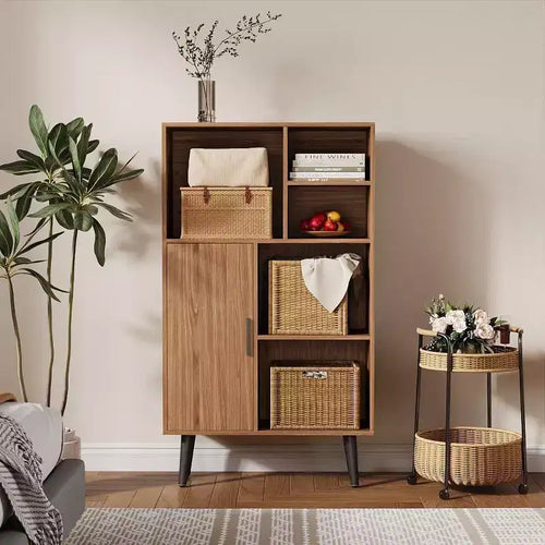 Acekool 4-Tier Walnut Bookcase, 5 Cube Storage Shelf Organizer with Legs, Retro Wood Bookshelf for Living Room or Office, Brown