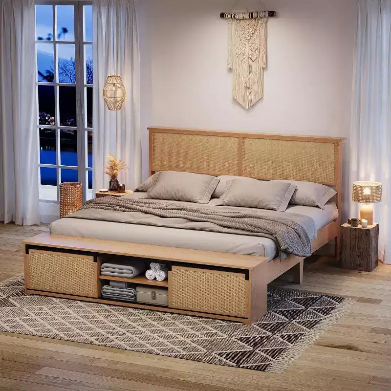Natural Rattan Bed Frame - Sliding Barn Door Storage, LED Headboard & Solid Wood Legs, No Box Spring