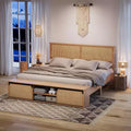 Natural Rattan Bed Frame - Sliding Barn Door Storage, LED Headboard & Solid Wood Legs, No Box Spring
