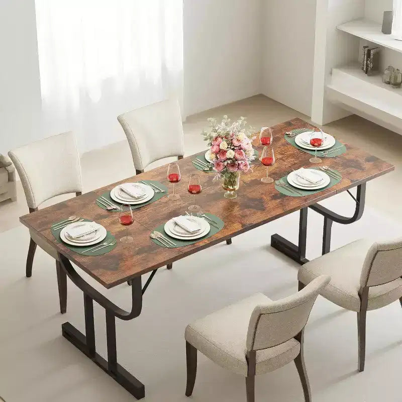 cekool 70.8 Farmhouse Dining Table - Rustic Wood Top, Metal X-Base, Seats 6-8, Multi-Space Use for Kitchen/Dining Room