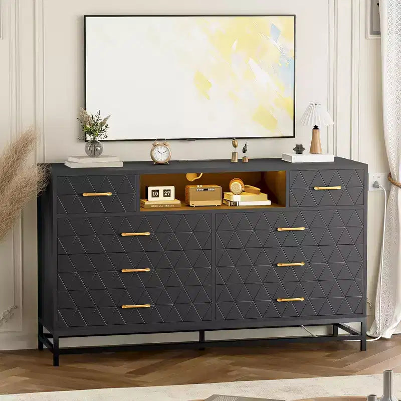 Modern 8 Drawers Wood Dressers for Bedroom,55 Wide Chest of Drawers,Wooden Dresser TV Stand with LED Lights Power Outlet,for Living Room,Hallway