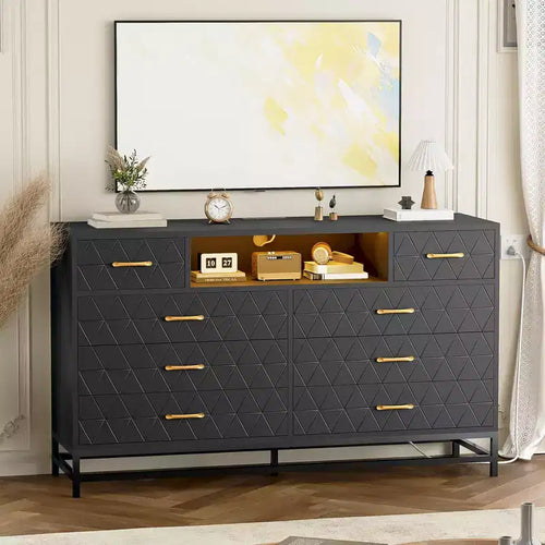 Modern 8 Drawers Wood Dressers for Bedroom,55 Wide Chest of Drawers,Wooden Dresser TV Stand with LED Lights Power Outlet,for Living Room,Hallway