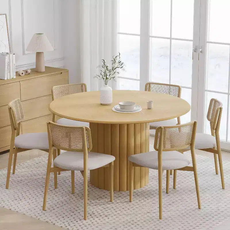 PexFix 52 Wood Round Dining Table Kitchen Table for 4-6 with Arc-Shaped Edge Top & Textured Pedestal for Living/Dining Room Coffee Office Natural
