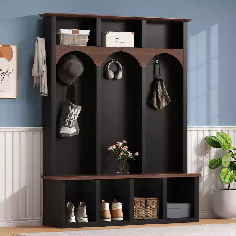 Farmhouse Hall Tree Mudroom Coat&Shoe Rack Entryway Bench Hallway Shoe Cabinet with 5 Hooks & 7 Cubbies - ModernLuxe