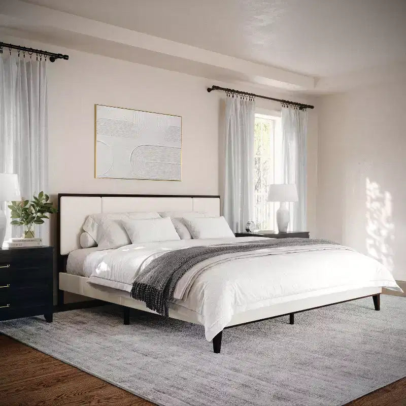 Martha Stewart Jett Solid Wood Platform Bed with Upholstered Base and Inset Paneled Headboard, Wood Slat Bottom, No Box Spring Needed