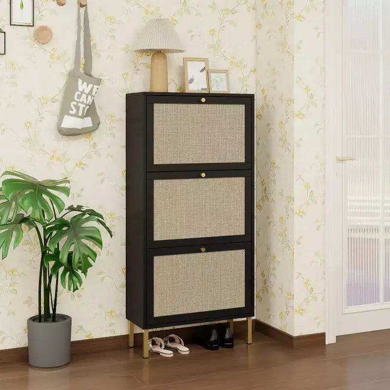 Okak Rattan Shoe Cabinet, Freestanding Shoe Organizer with 3 Flip Drawers, Shoe Storage Cabinet for Entryway, Living Room, Hallway