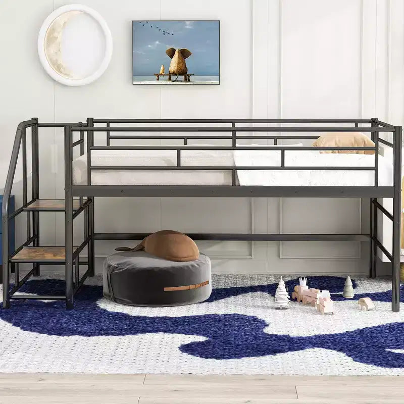 Bellemave Twin Size Low Loft Bed with Storage Stairs, Metal Loft Bed Frame with Guardrails, Black