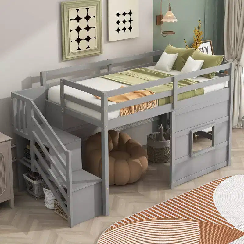 Bellemave Twin Size Low Loft Bed with Stairs, Kids Loft Bed with Storage,Solid Wood Twin Loft Bed Frame for Boys, Girls, Gray