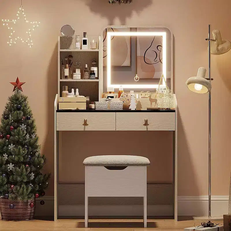 Makeup Dressing Table with Mirror and Light, Small Makeup Table with Upholstered Storage Bench, 2 Large Drawers and 3-Tier Open Shelving for Bedroom