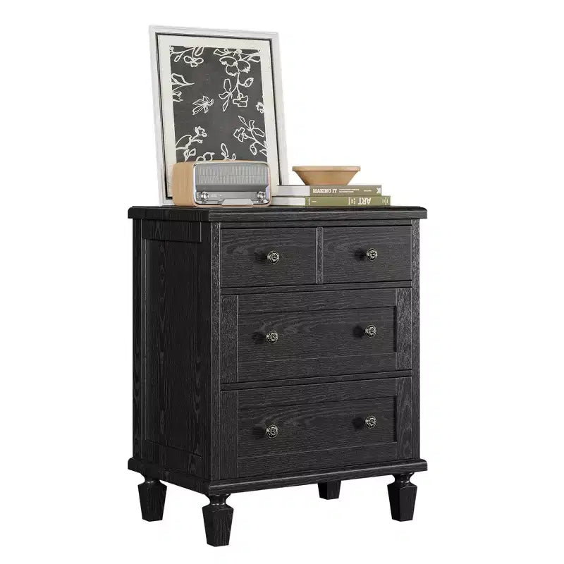 Acekool Bedroom 30 in 4 Drawer Wood Dresser, Vintage Chest of Drawers with Tapered Legs Storage, Black