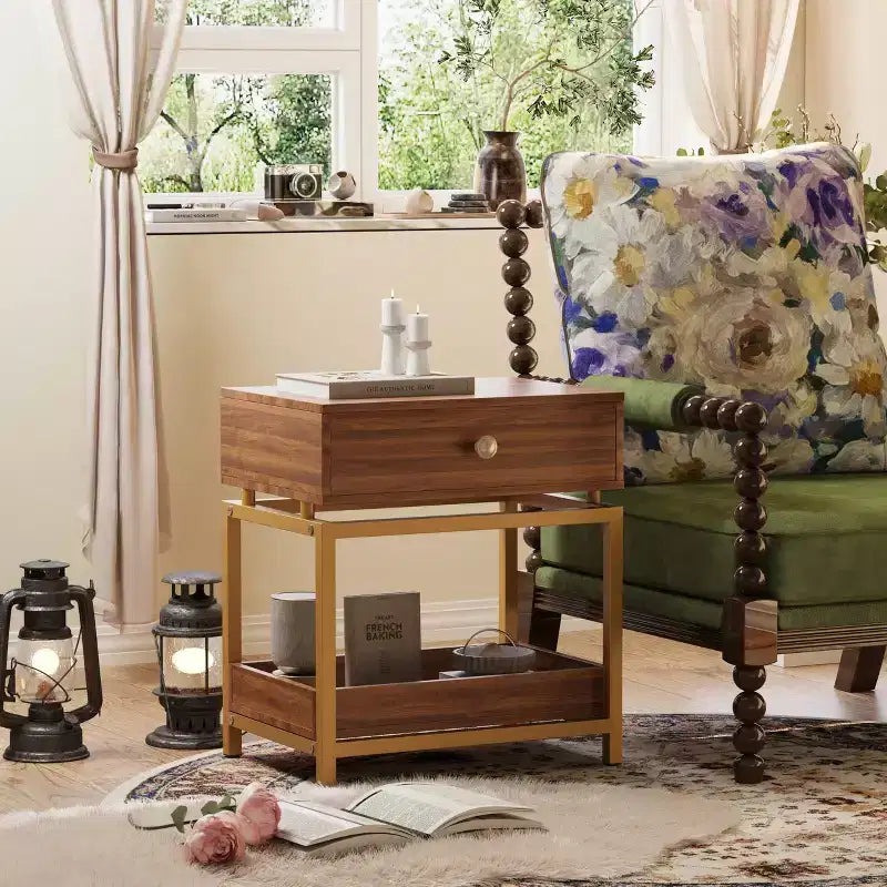 End Table with Drawer and Open Shelf, 2 Tiers Sofa Side Table with Gold Metal Frame for Living Room, Modern Nightstand Bedside Table for.