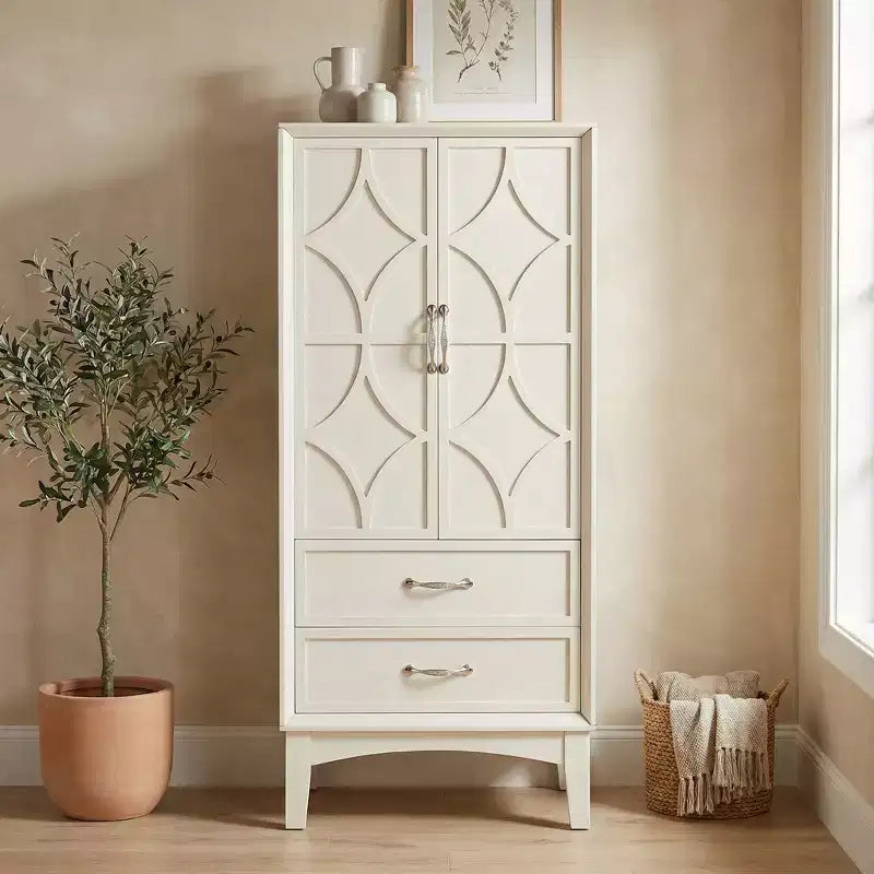 JVNOXK 53.5 Tall Mid Century Modern Kitchen Pantry Cabinet with Doors & Drawers, Antique White