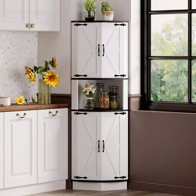 64.6 Farmhouse Corner Cabinet with LED Lighting & 7-Color Lights 5-Tier Tall Storage Cabinet with 4 Barn Doors, Built-in USB Ports
