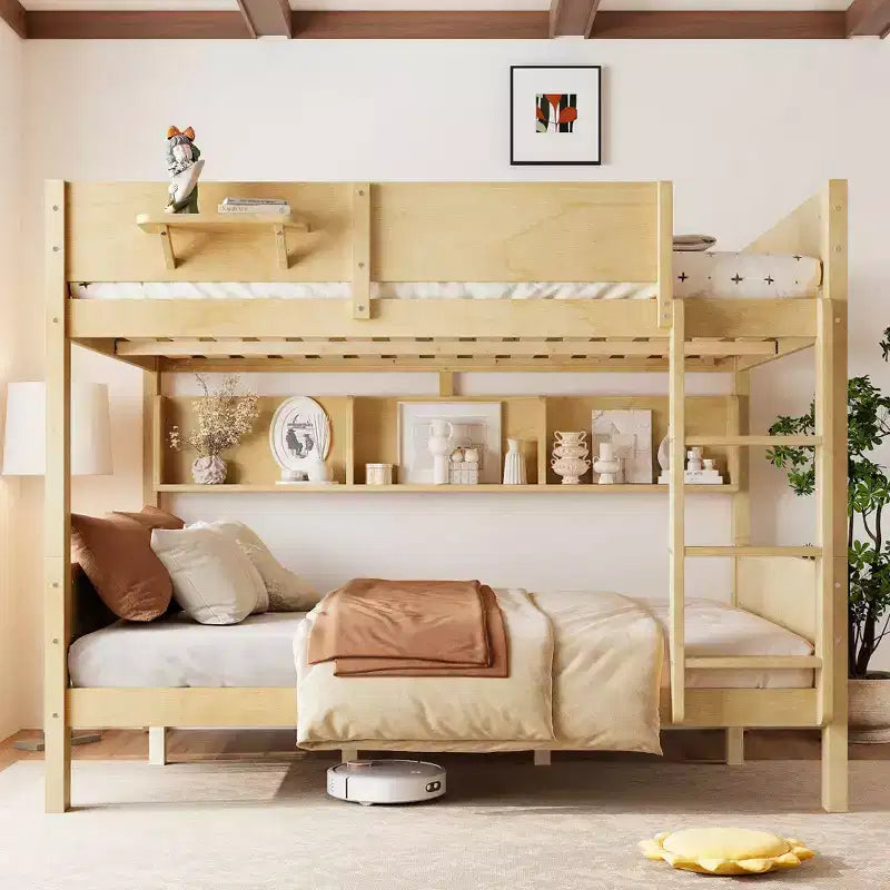 Bellemave Bunk Bed with Convenient Tray, Solid Wood Bunk Bed Frame with Storage Shelves and Upgraded Slats